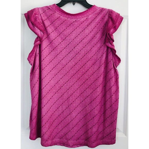 DEMOCRAY WOMEN'S TOP PULLOVER CREW NECK DOBLE RUFLE CAP SLEEVE PURPLE PERFORATED - Picture 3 of 6